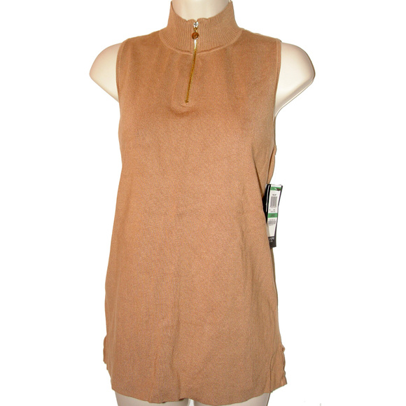 Alfani Prima Mock Neck Zip-Front Sleeveless Sweater L Camel Tan NWT - Picture 4 of 4